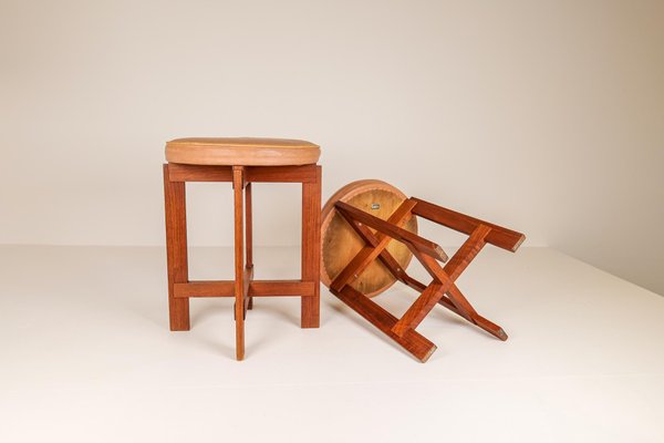 Mid-Century Teak and Leather Stools by Uno & Östen Kristiansson for Luxus, Sweden, Set of 2-UYK-1006112