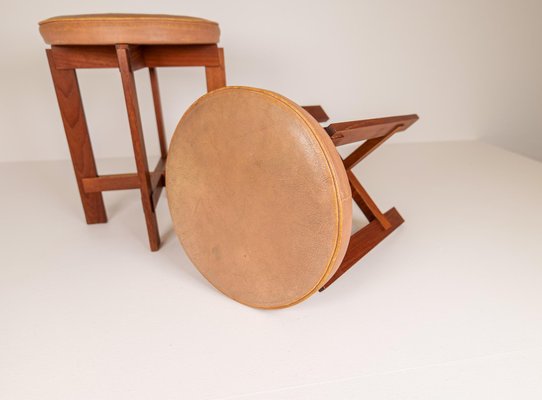 Mid-Century Teak and Leather Stools by Uno & Östen Kristiansson for Luxus, Sweden, Set of 2-UYK-1006112