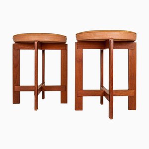 Mid-Century Teak and Leather Stools by Uno & Östen Kristiansson for Luxus, Sweden, Set of 2-UYK-1006112