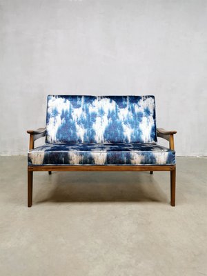 Mid-Century Teak & Blue Silk Loveseat-BW-1259945