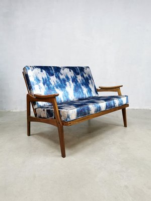 Mid-Century Teak & Blue Silk Loveseat-BW-1259945