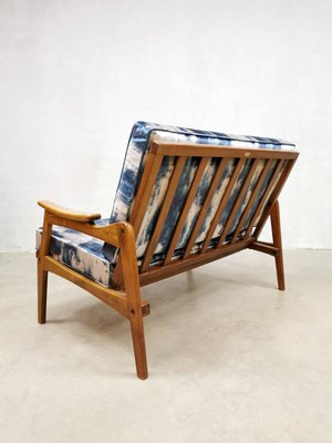 Mid-Century Teak & Blue Silk Loveseat-BW-1259945