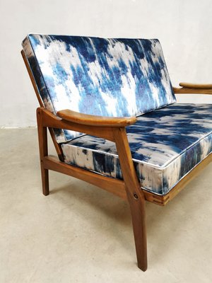 Mid-Century Teak & Blue Silk Loveseat-BW-1259945