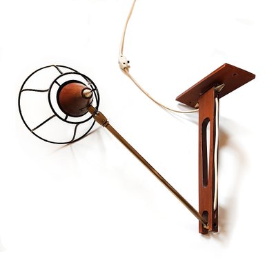 Mid-Century Teak & Brass Swing Arm Wall Lamp-NUX-1162462