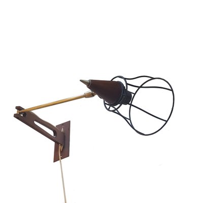 Mid-Century Teak & Brass Swing Arm Wall Lamp-NUX-1162462