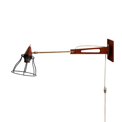 Mid-Century Teak & Brass Swing Arm Wall Lamp-NUX-1162462