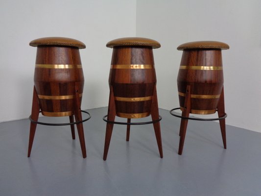 Mid-Century Teak & Copper Barstools, 1960s, Set of 3-RDW-1080188