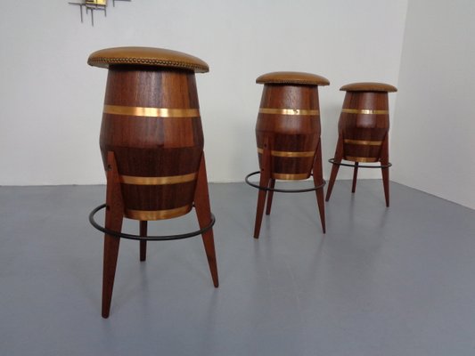 Mid-Century Teak & Copper Barstools, 1960s, Set of 3-RDW-1080188