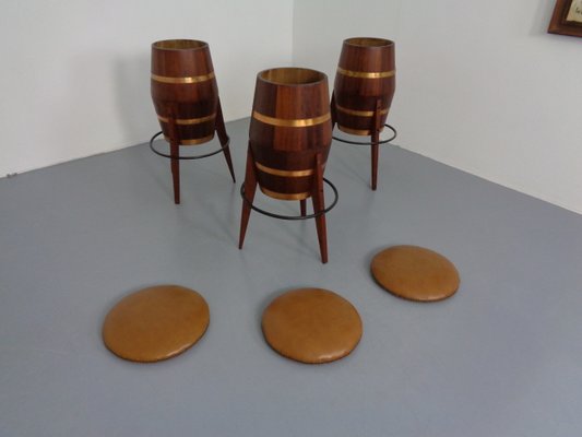 Mid-Century Teak & Copper Barstools, 1960s, Set of 3-RDW-1080188