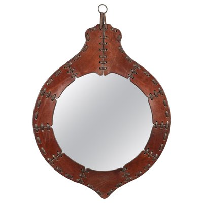 Mid-Century Teardrop Wall Mirror in Leather in the style of Jacques Adnet, Italy, 1960s-LYQ-1784878