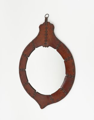 Mid-Century Teardrop Wall Mirror in Leather in the style of Jacques Adnet, Italy, 1960s-LYQ-1784878