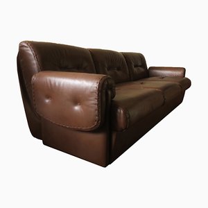 Mid-Century Three-Seater Sofa in Stitched Brown Leather, 1970s-ED-2033248