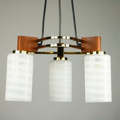 Mid-Century Triangular Teak, Brass & Glass Pendant Lamp-FUP-859982