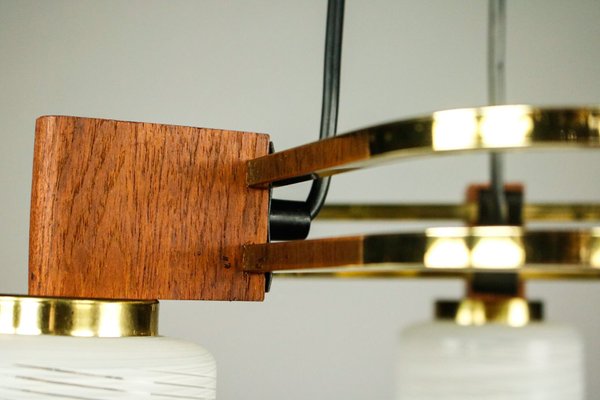 Mid-Century Triangular Teak, Brass & Glass Pendant Lamp-FUP-859982