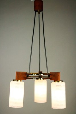 Mid-Century Triangular Teak, Brass & Glass Pendant Lamp-FUP-859982