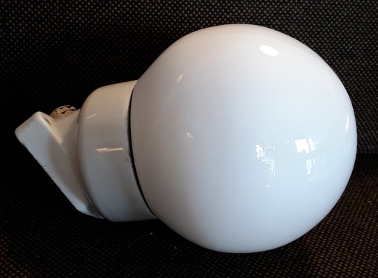 Mid-Century Wall Lamp with Opaque White Pressed Glass Globe & White Porcelain Mount, 1950s-HOI-1275783