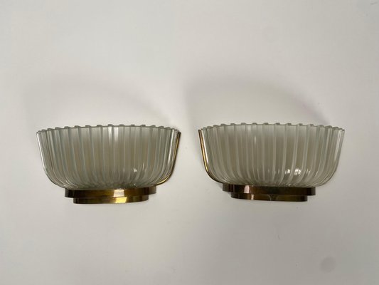 Mid-Century Wall Lamps in Brass and Glass, 1940s, Set of 2-KKZ-1814292