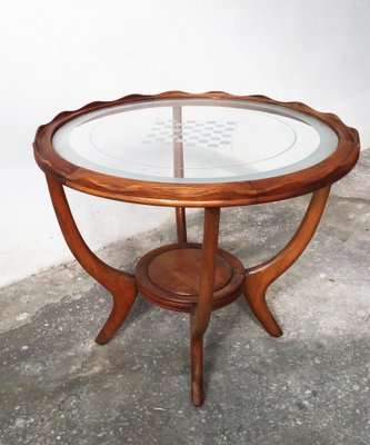 Mid-Century Walnut Low Table with Circular Transparent Glass & Checkerboard Pattern Attributed to Osvaldo Borsani-GGK-1013161