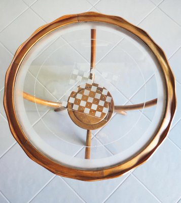 Mid-Century Walnut Low Table with Circular Transparent Glass & Checkerboard Pattern Attributed to Osvaldo Borsani-GGK-1013161