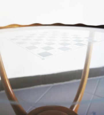 Mid-Century Walnut Low Table with Circular Transparent Glass & Checkerboard Pattern Attributed to Osvaldo Borsani-GGK-1013161