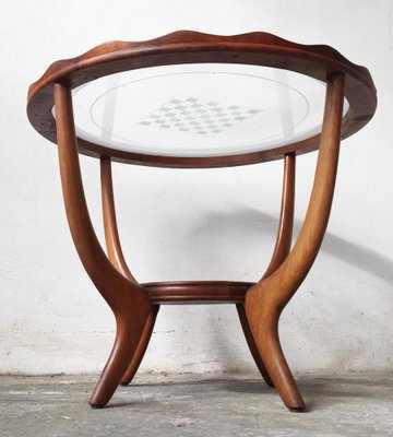 Mid-Century Walnut Low Table with Circular Transparent Glass & Checkerboard Pattern Attributed to Osvaldo Borsani-GGK-1013161