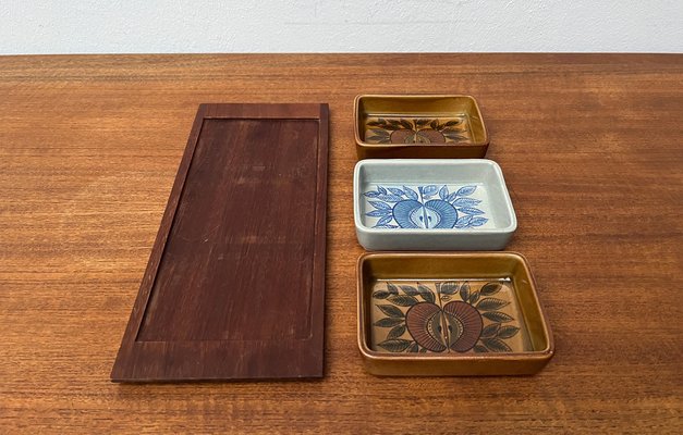 Mid-Century West German Pottery WGP Stacking Bowls with Teak Tray, 1960s, Set of 4-UAH-1796996