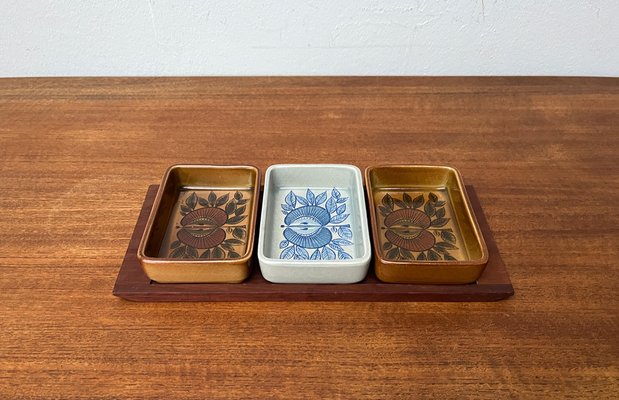 Mid-Century West German Pottery WGP Stacking Bowls with Teak Tray, 1960s, Set of 4-UAH-1796996