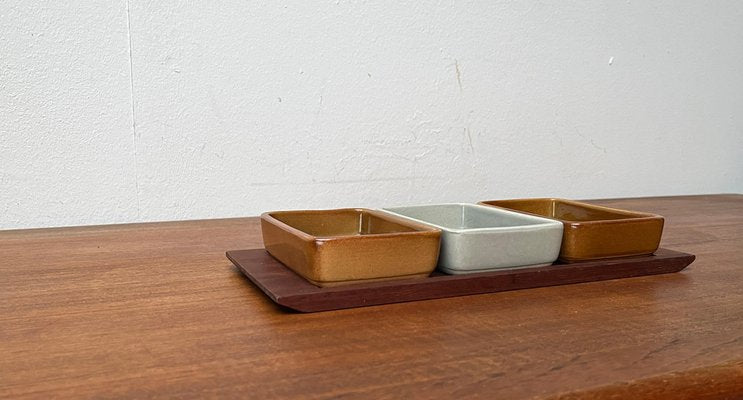 Mid-Century West German Pottery WGP Stacking Bowls with Teak Tray, 1960s, Set of 4-UAH-1796996