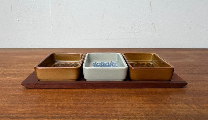 Mid-Century West German Pottery WGP Stacking Bowls with Teak Tray, 1960s, Set of 4-UAH-1796996