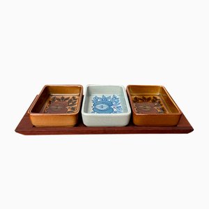 Mid-Century West German Pottery WGP Stacking Bowls with Teak Tray, 1960s, Set of 4-UAH-1796996