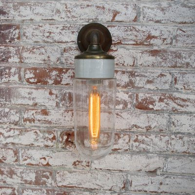 Mid-Century White Brass, Porcelain, and Clear Glass Sconce-BLS-665651