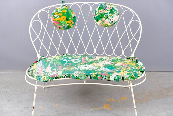 Mid-Century White Flower Power Garden Bench in Iron, 1960s-CIP-938354