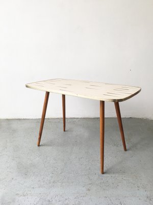 Mid-Century White Formica, Brass, and Oak Coffee Table-GGK-663458