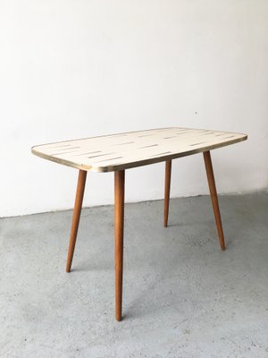 Mid-Century White Formica, Brass, and Oak Coffee Table-GGK-663458