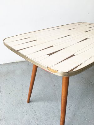 Mid-Century White Formica, Brass, and Oak Coffee Table-GGK-663458