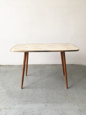 Mid-Century White Formica, Brass, and Oak Coffee Table-GGK-663458