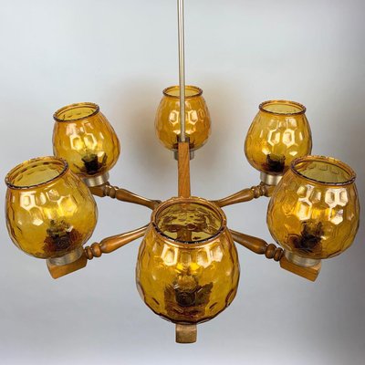 Mid-Century Wood and Glass Chandelier, 1970s-TZ-1017905