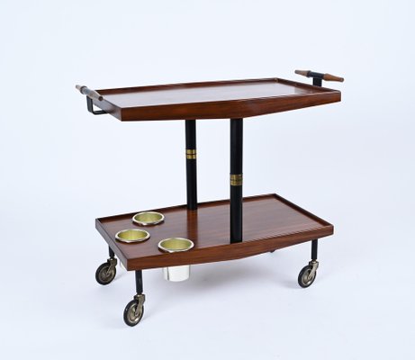 Mid-Century Wood, Brass and Enameled Metal Serving Bar Cart and Bottle Holder, 1960-JDR-1234451