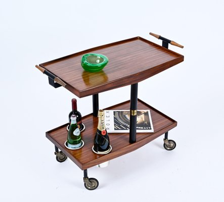 Mid-Century Wood, Brass and Enameled Metal Serving Bar Cart and Bottle Holder, 1960-JDR-1234451