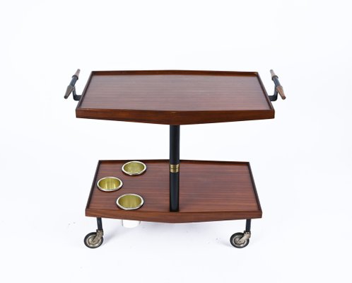 Mid-Century Wood, Brass and Enameled Metal Serving Bar Cart and Bottle Holder, 1960-JDR-1234451