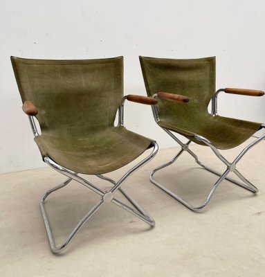 Mid-Century Wood Metal and Green Canvas Folding Armchairs, Set of 4-FGA-1315840