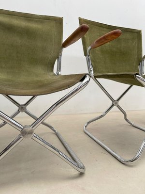 Mid-Century Wood Metal and Green Canvas Folding Armchairs, Set of 4-FGA-1315840