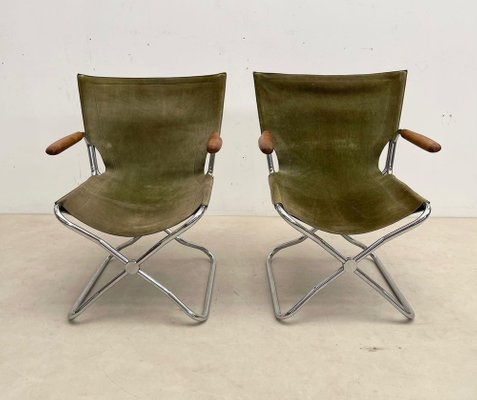 Mid-Century Wood Metal and Green Canvas Folding Armchairs, Set of 4-FGA-1315840