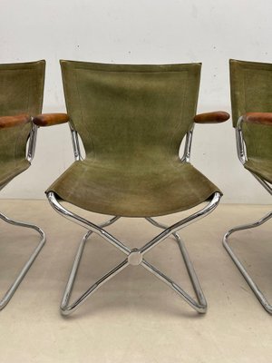 Mid-Century Wood Metal and Green Canvas Folding Armchairs, Set of 4-FGA-1315840