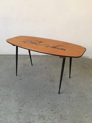 Mid-Century Wooden Coffee Table with Decorated Deer Run Pattern on Top & Black Painted Iron Legs, 1950s-GGK-702608