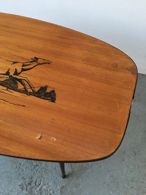 Mid-Century Wooden Coffee Table with Decorated Deer Run Pattern on Top & Black Painted Iron Legs, 1950s-GGK-702608