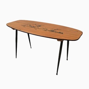 Mid-Century Wooden Coffee Table with Decorated Deer Run Pattern on Top & Black Painted Iron Legs, 1950s-GGK-702608