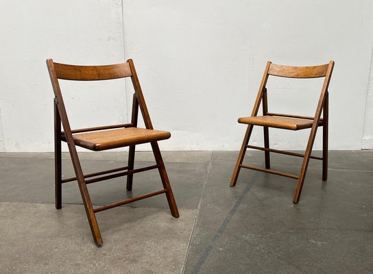 Mid-Century Wooden Folding Chairs with Viennese Wicker Seats, 1960s, Set of 2-UAH-1716577