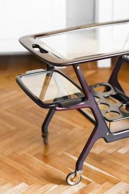 Mid-Century Wooden Structure Brass Service Bar Trolley with Three Removable Trays by Cesare Lacca, 1950s-MNF-1226544