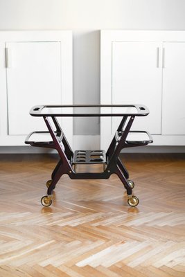 Mid-Century Wooden Structure Brass Service Bar Trolley with Three Removable Trays by Cesare Lacca, 1950s-MNF-1226544